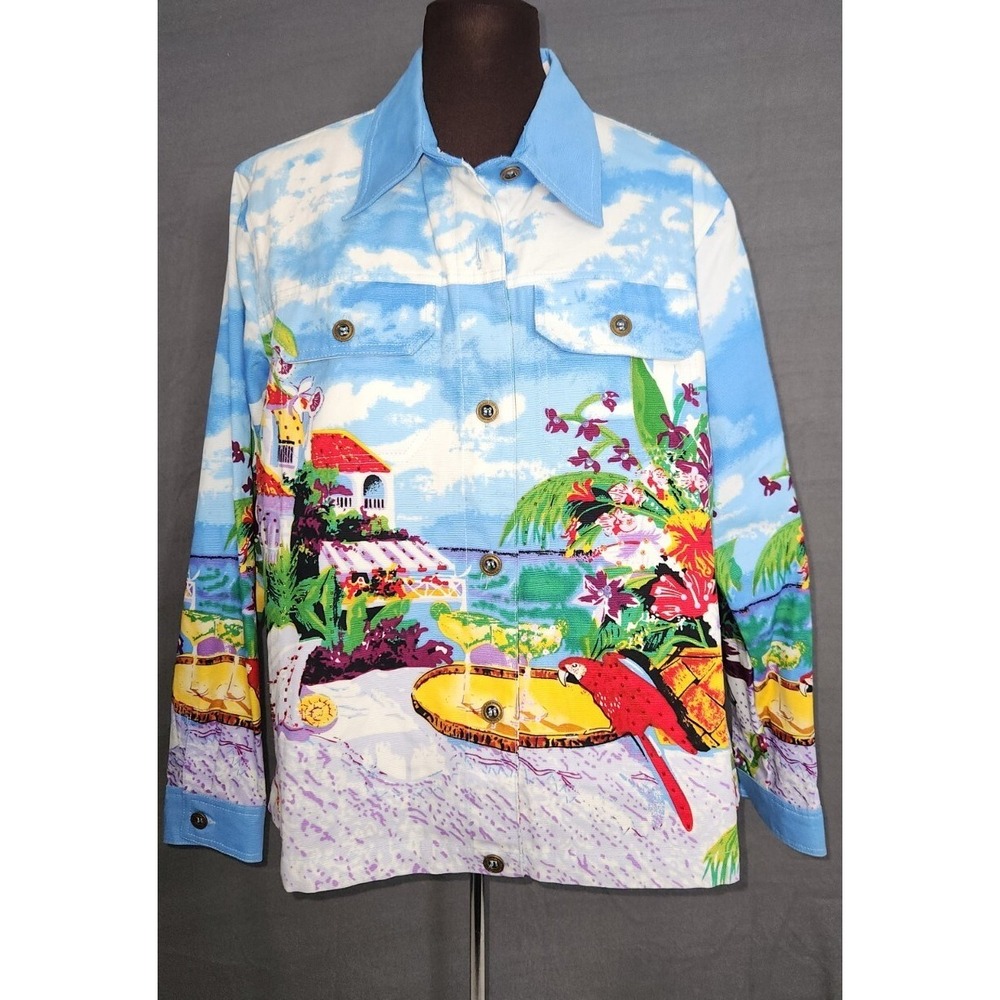 TUDOR COURT DENIM JACKET Tropical Festival Coastal  Resort Colorful Sz L NWOT‎